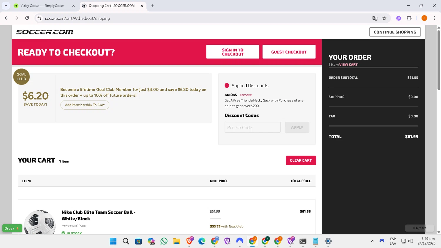 SoccerPro.com coupon code screenshot showing code adidas applied at SoccerPro.com checkout page. Uploaded by SimplyCodes community member ELHIJOEMILA on Dec 24, 2025