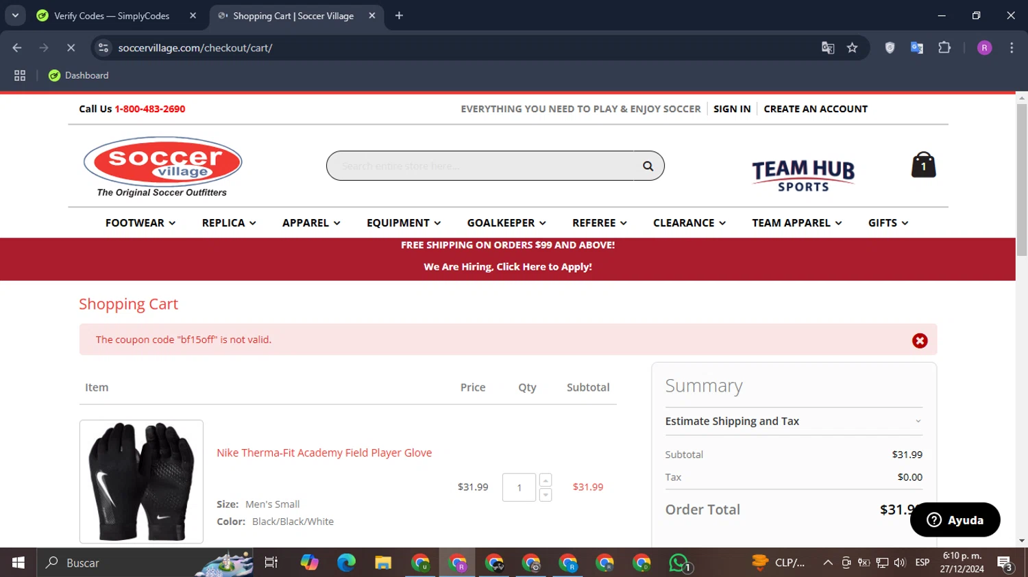 Soccer Village coupon code screenshot showing code bf15off applied at Soccer Village checkout page. Uploaded by SimplyCodes community member Datacodes on Dec 27, 2024