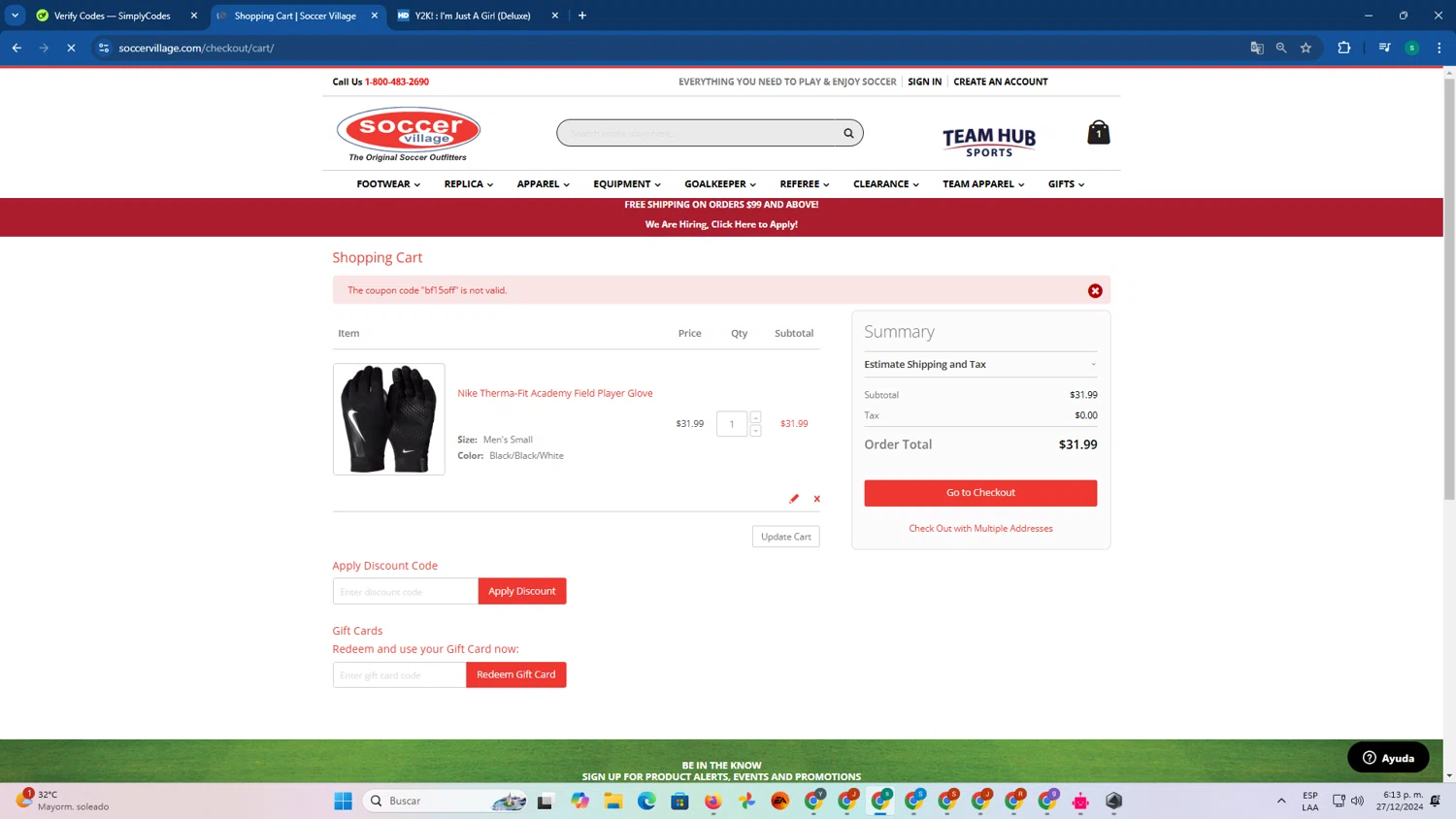 Soccer Village coupon code screenshot showing code bf15off applied at Soccer Village checkout page. Uploaded by SimplyCodes community member FrugalExpert8809 on Dec 27, 2024