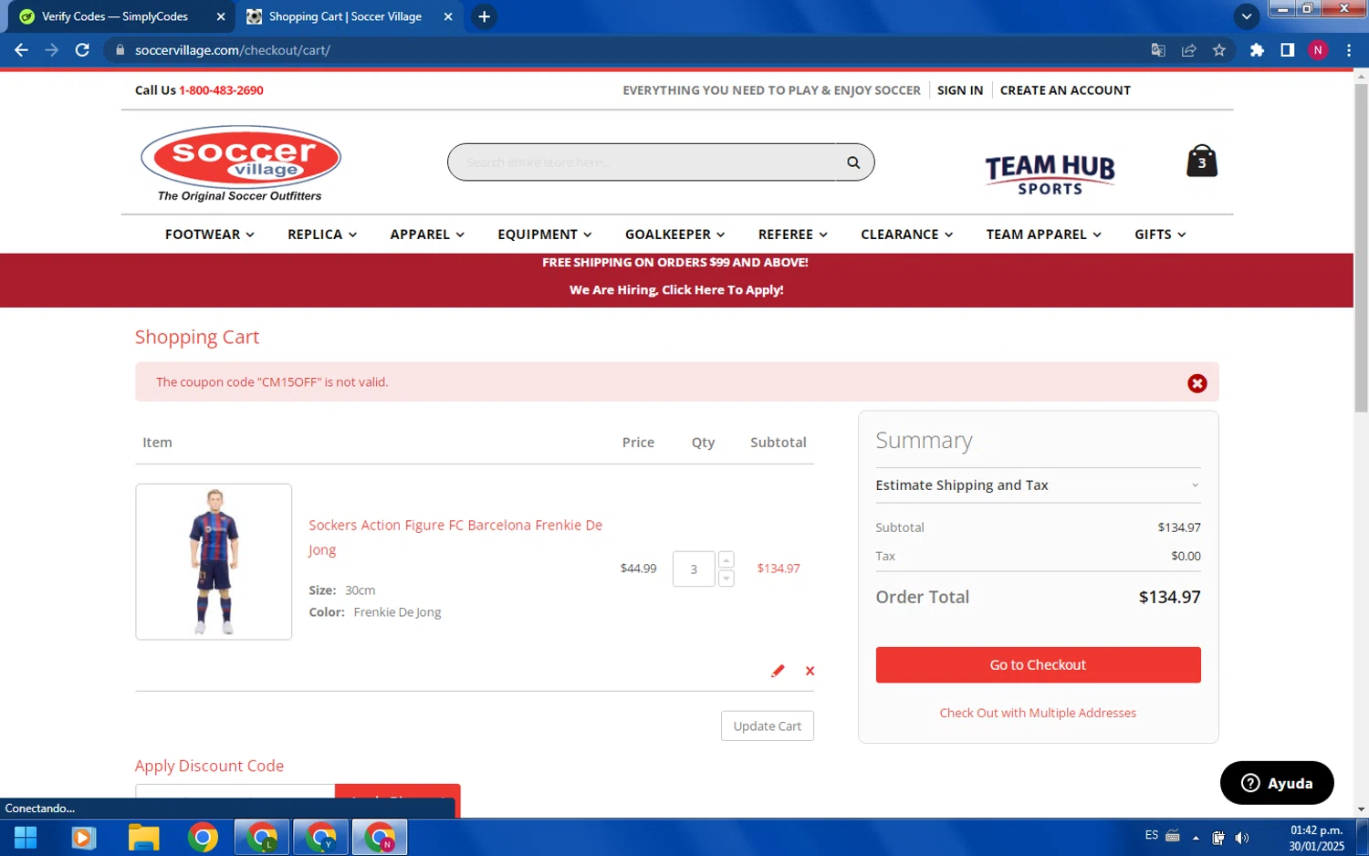 Soccer Village coupon code screenshot showing code CM15OFF applied at Soccer Village checkout page. Uploaded by SimplyCodes community member CashDefender400 on Jan 30, 2025