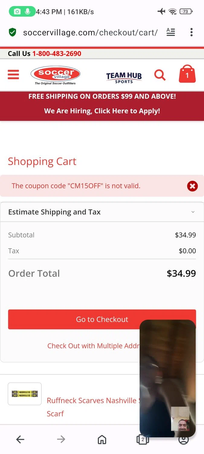 Soccer Village coupon code screenshot showing code CM15OFF applied at Soccer Village checkout page. Uploaded by SimplyCodes community member GoldChaser6627 on Dec 31, 2024