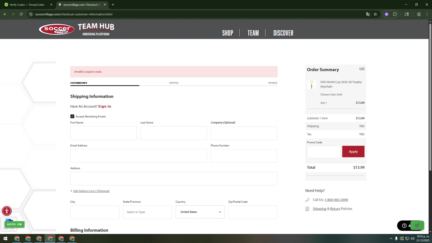 Soccer Village coupon code screenshot showing code BF25 applied at Soccer Village checkout page. Uploaded by SimplyCodes community member SALCHICHA on Dec 22, 2025