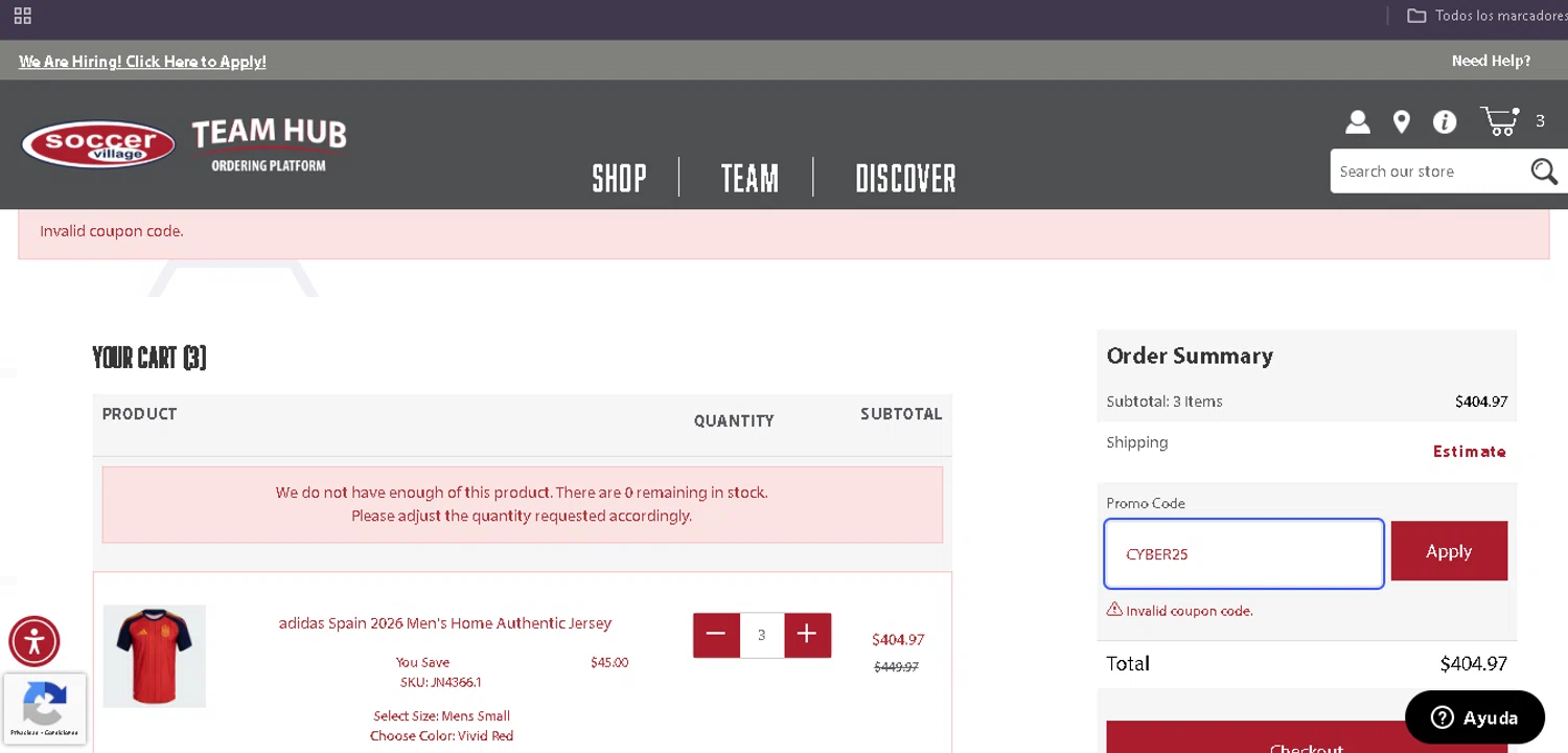 Soccer Village coupon code screenshot showing code CYBER25 applied at Soccer Village checkout page. Uploaded by SimplyCodes community member Egni_149037891 on Dec 13, 2025