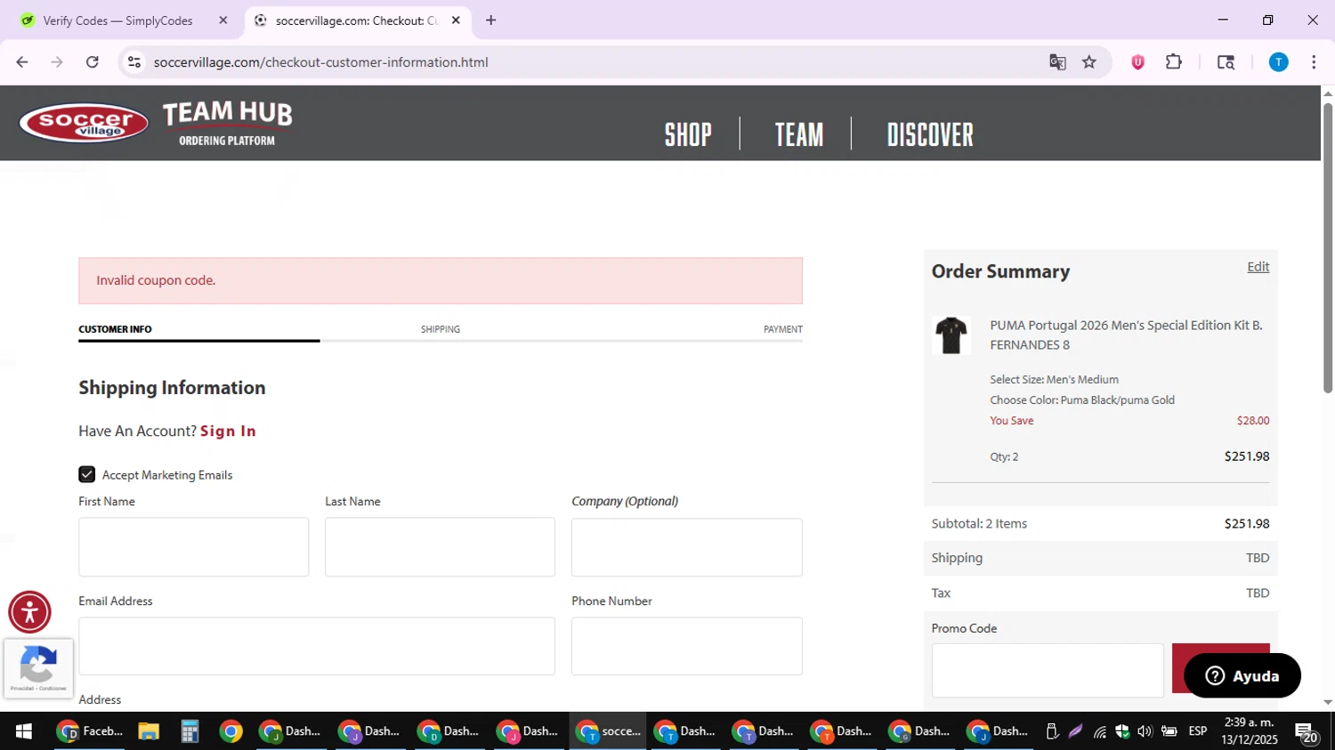 Soccer Village coupon code screenshot showing code CYBER25 applied at Soccer Village checkout page. Uploaded by SimplyCodes community member hankt1521 on Dec 13, 2025