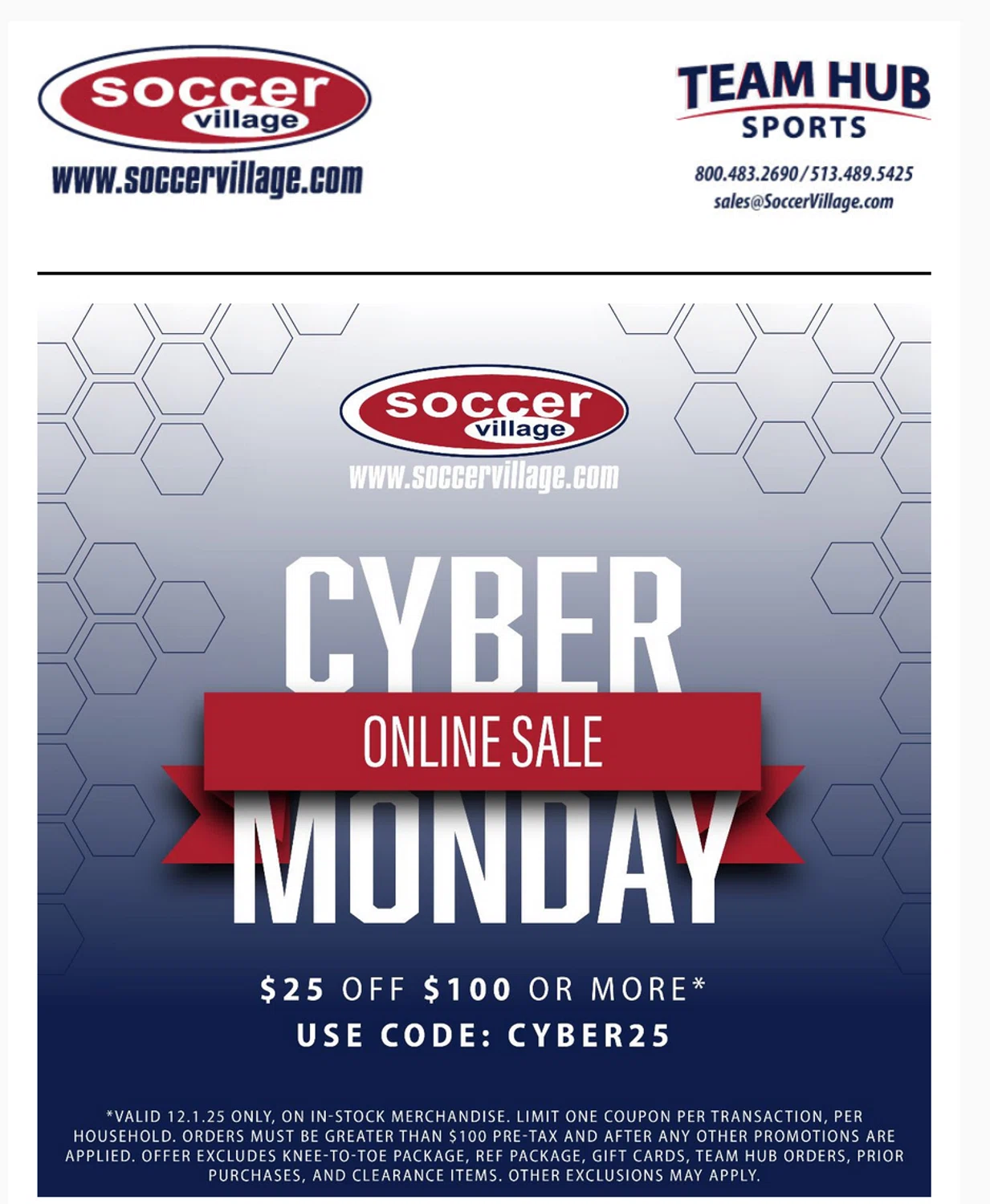 Soccer Village coupon code screenshot showing code CYBER25 applied at Soccer Village checkout page. Uploaded by SimplyCodes community member OMPU0408 on Dec 1, 2025