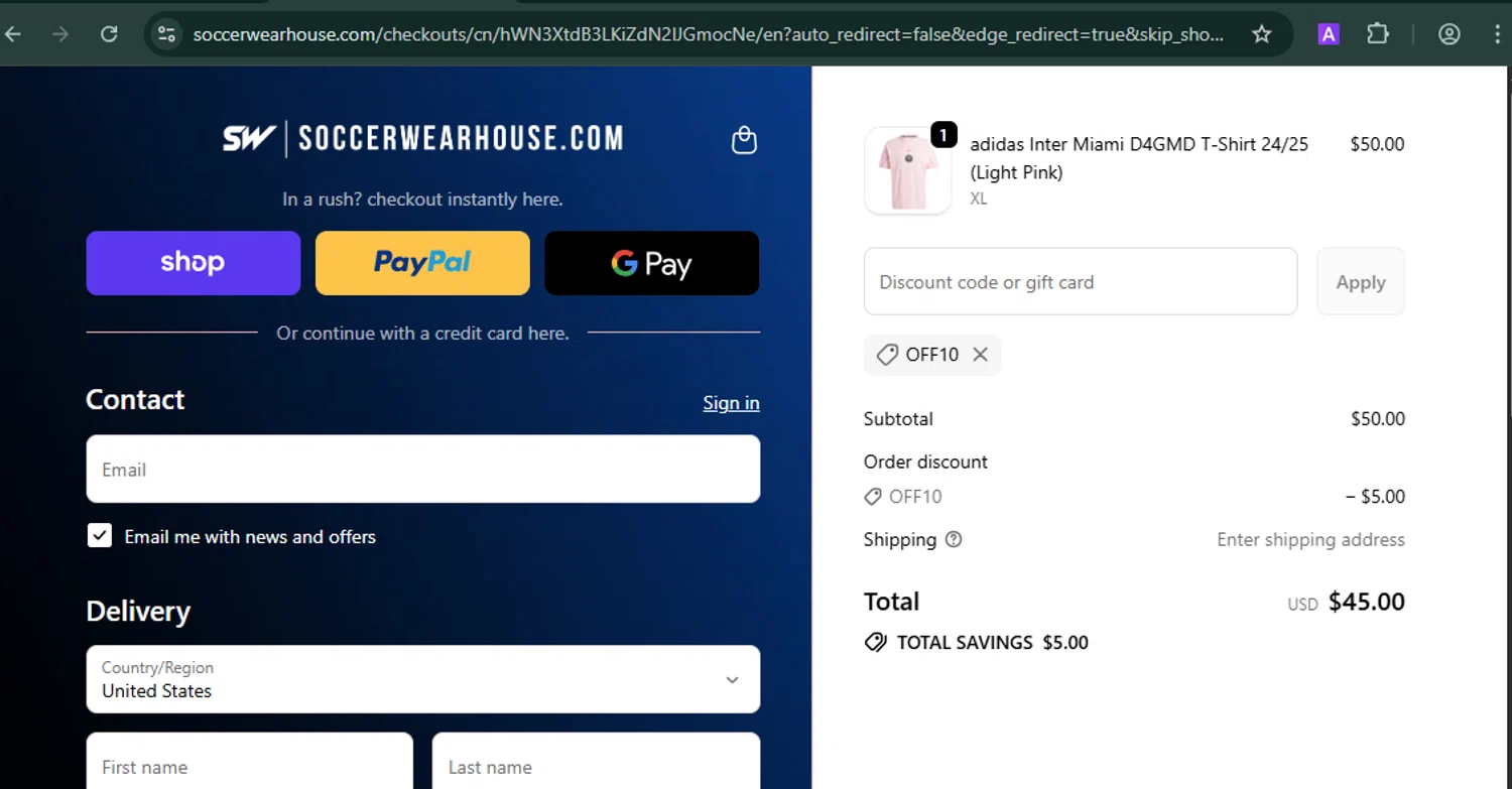 Soccer Wearhouse discount code screenshot showing code OFF10 applied at Soccer Wearhouse checkout page. Uploaded by SimplyCodes community member MARCVH on Sep 29, 2025