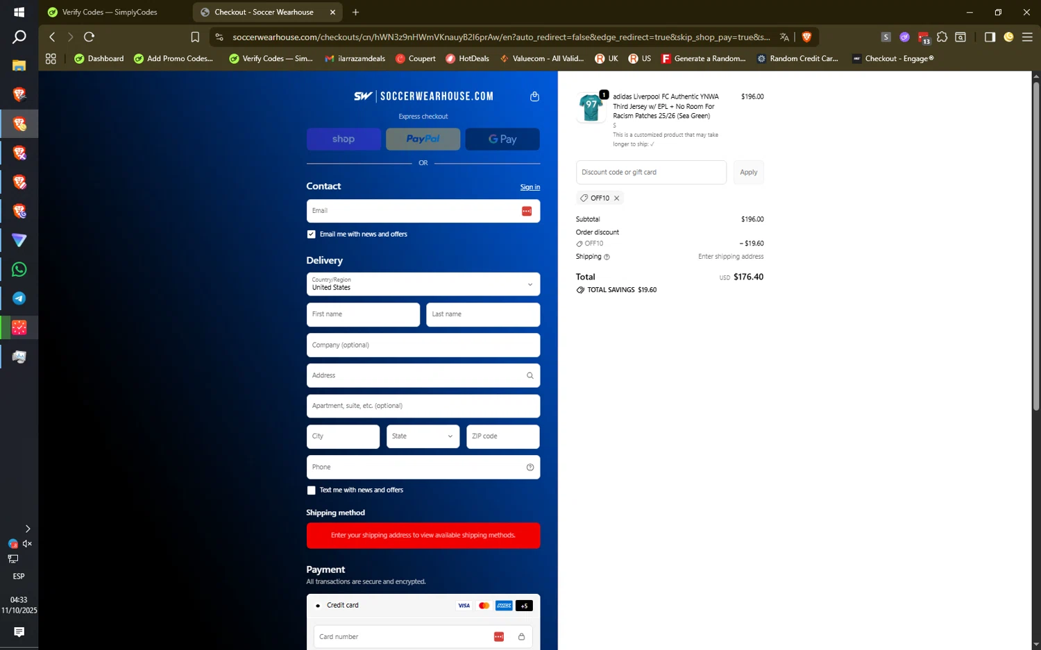 Soccer Wearhouse discount code screenshot showing code OFF10 applied at Soccer Wearhouse checkout page. Uploaded by SimplyCodes community member HiddenPulse7619 on Oct 11, 2025
