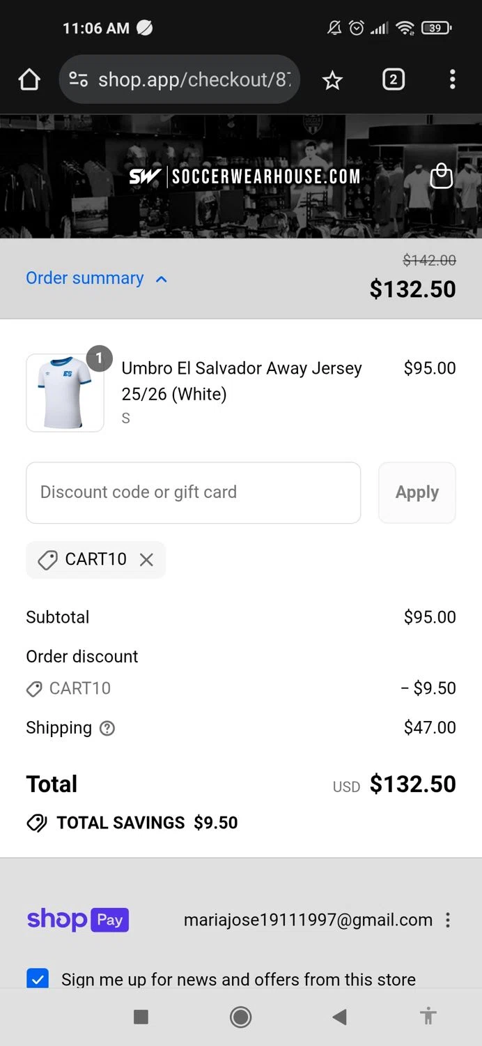 Soccer Wearhouse discount code screenshot showing code CART10 applied at Soccer Wearhouse checkout page. Uploaded by SimplyCodes community member Mujerdejunnior on Jul 23, 2025