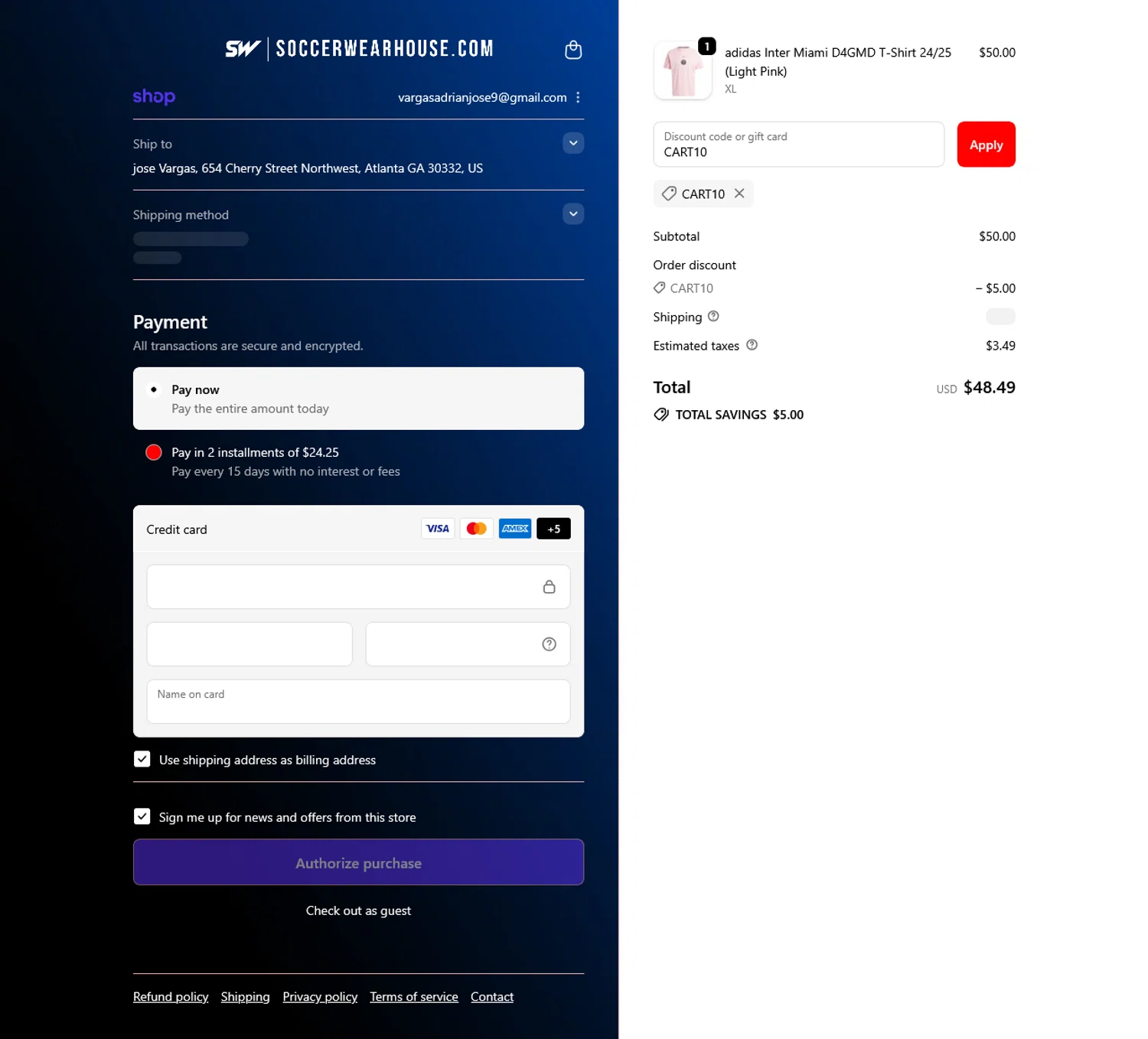 Soccer Wearhouse discount code screenshot showing code CART10 applied at Soccer Wearhouse checkout page. Uploaded by SimplyCodes community member WladimirV on Sep 21, 2025
