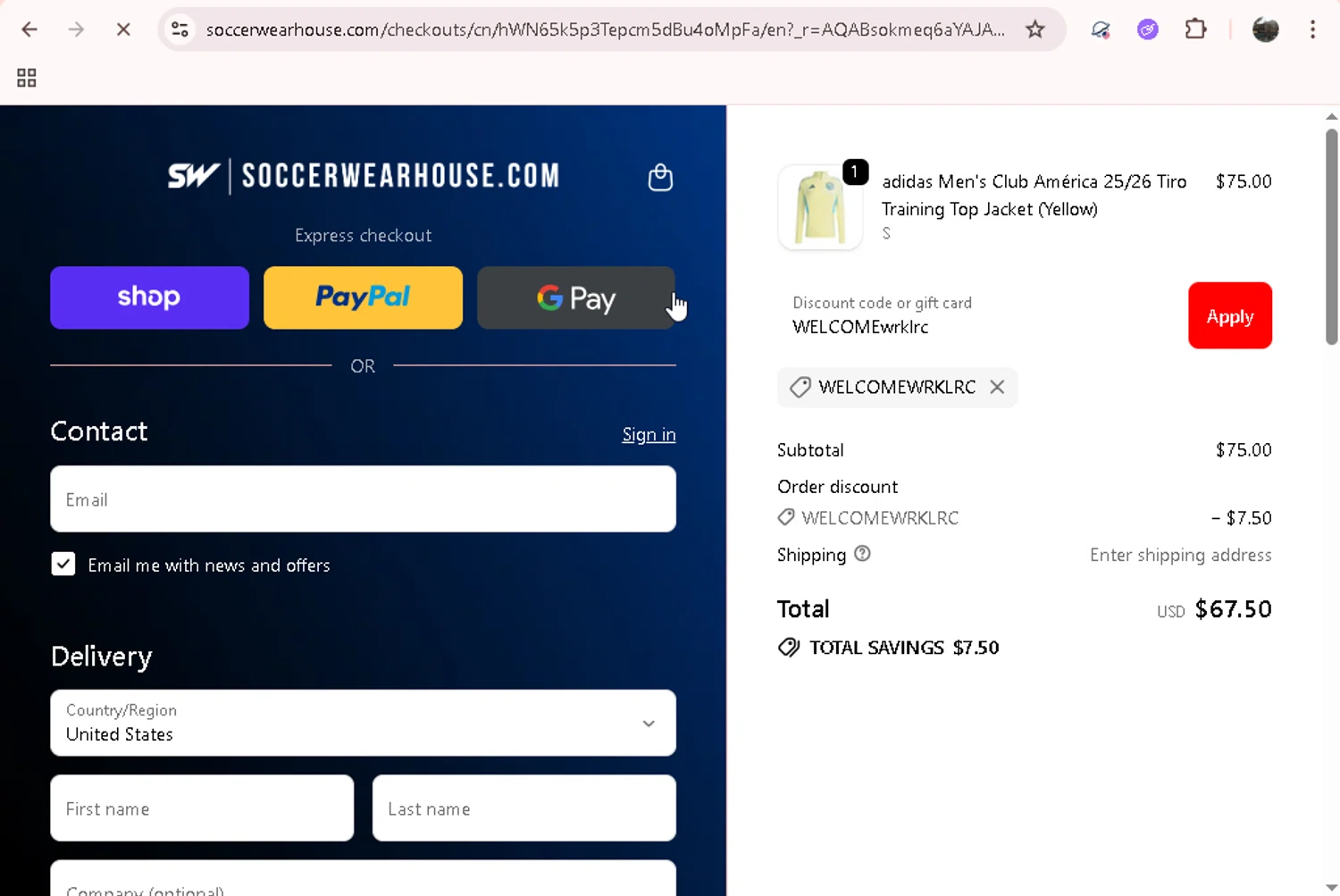 Soccer Wearhouse discount code screenshot showing code WELCOMEwrklrc applied at Soccer Wearhouse checkout page. Uploaded by SimplyCodes community member Jesusvasquezzz on Dec 5, 2025