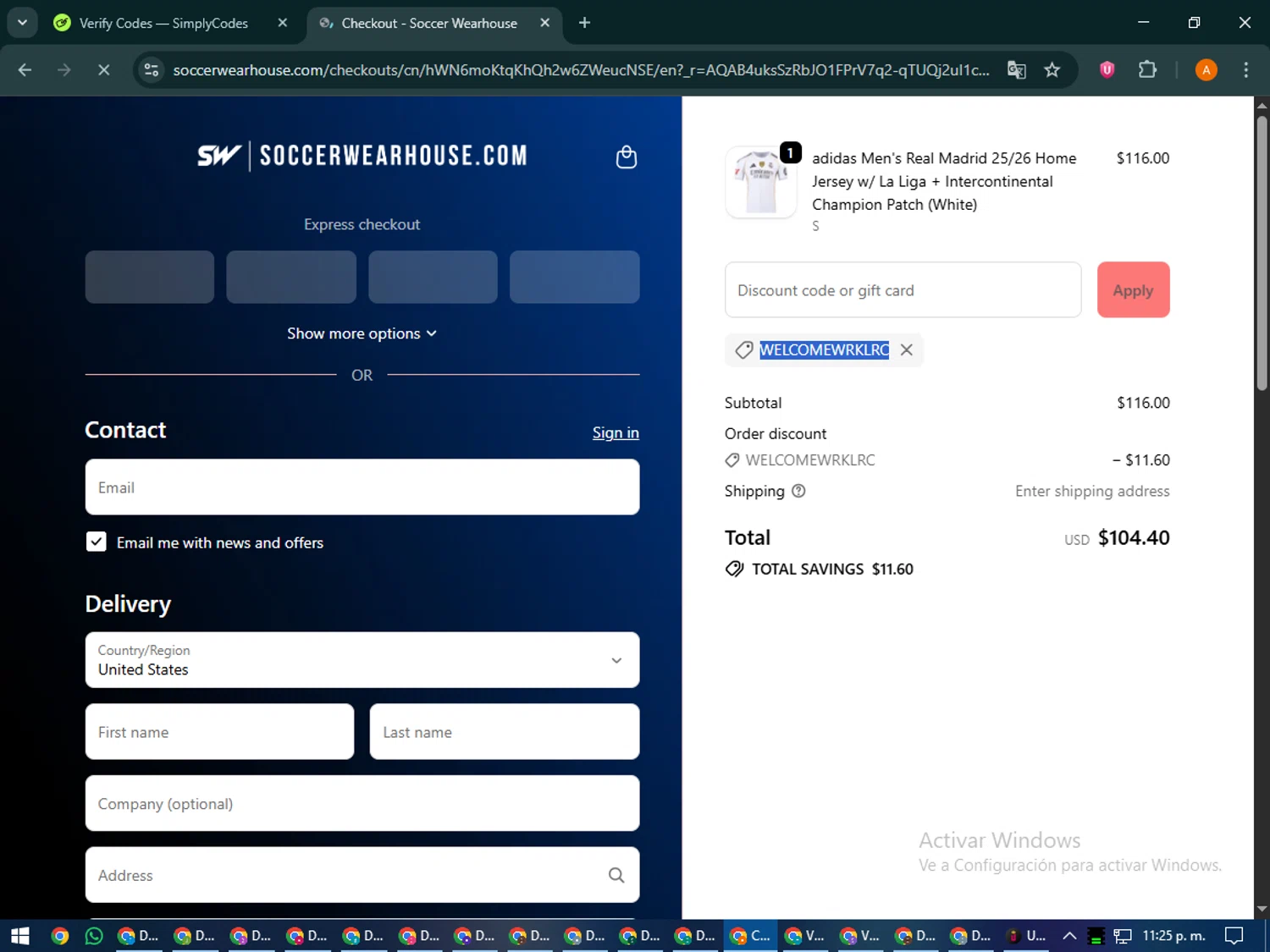 Soccer Wearhouse discount code screenshot showing code WELCOMEwrklrc applied at Soccer Wearhouse checkout page. Uploaded by SimplyCodes community member MoneyPhoenix4664 on Dec 24, 2025