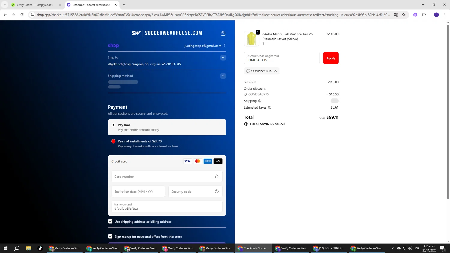 Soccer Wearhouse discount code screenshot showing code COMEBACK15 applied at Soccer Wearhouse checkout page. Uploaded by SimplyCodes community member AberthGotopo on Nov 25, 2025