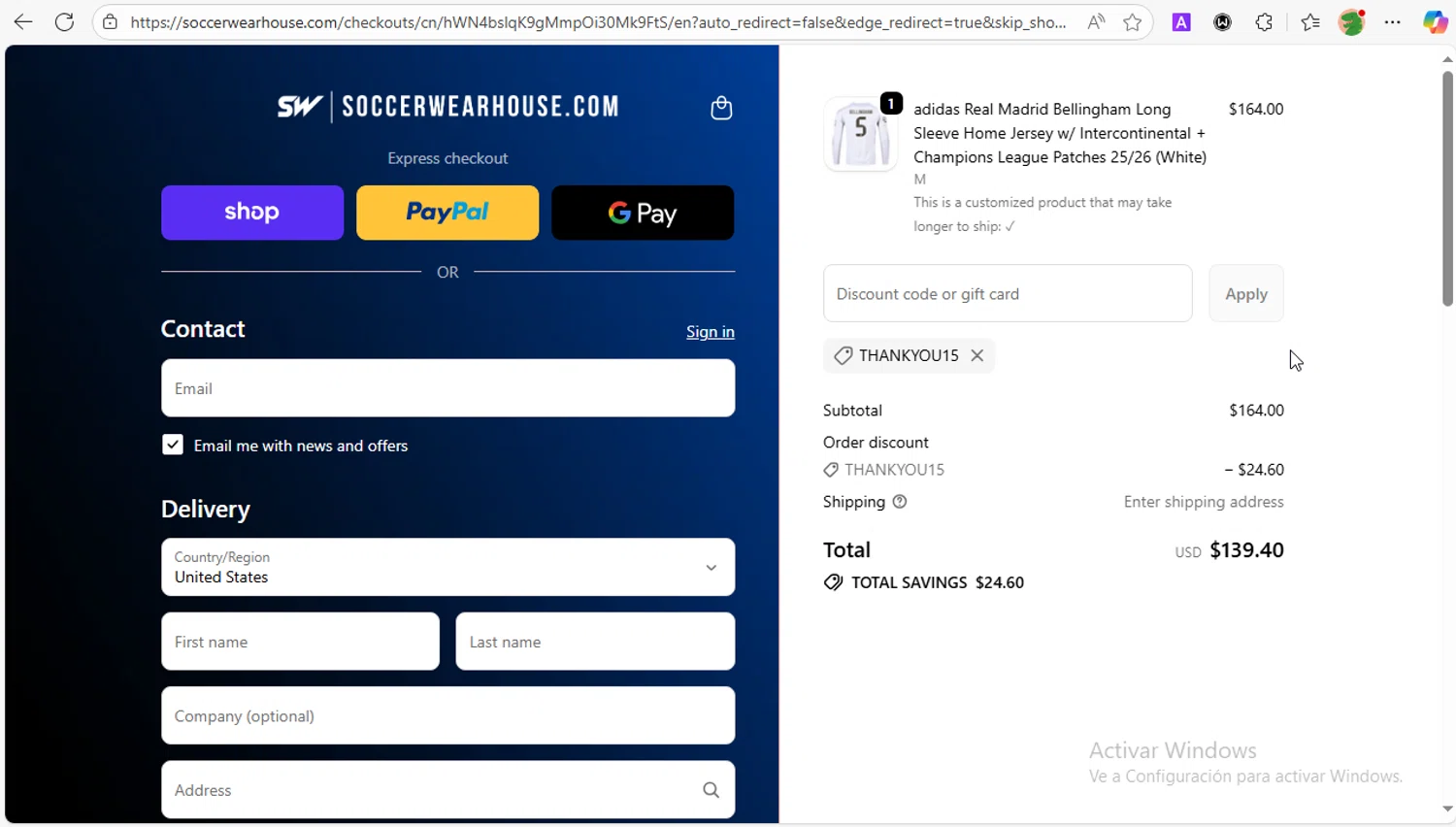 Soccer Wearhouse discount code screenshot showing code THANKYOU15 applied at Soccer Wearhouse checkout page. Uploaded by SimplyCodes community member PrincessCoupon on Oct 27, 2025
