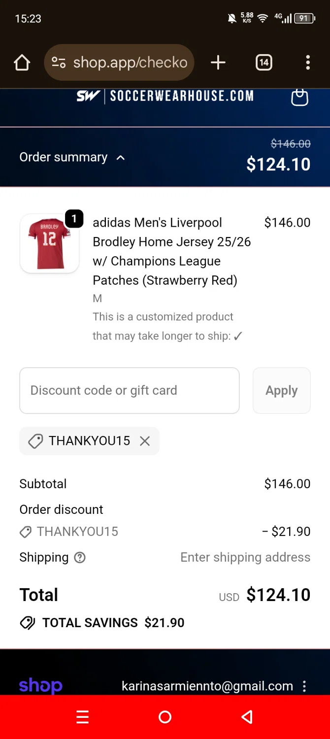 Soccer Wearhouse discount code screenshot showing code THANKYOU15 applied at Soccer Wearhouse checkout page. Uploaded by SimplyCodes community member Olivatle on Oct 27, 2025