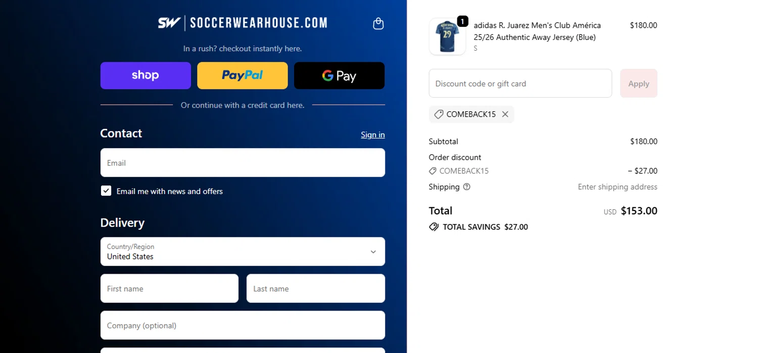 Soccer Wearhouse discount code screenshot showing code COMEBACK15 applied at Soccer Wearhouse checkout page. Uploaded by SimplyCodes community member juanisaac on Oct 2, 2025