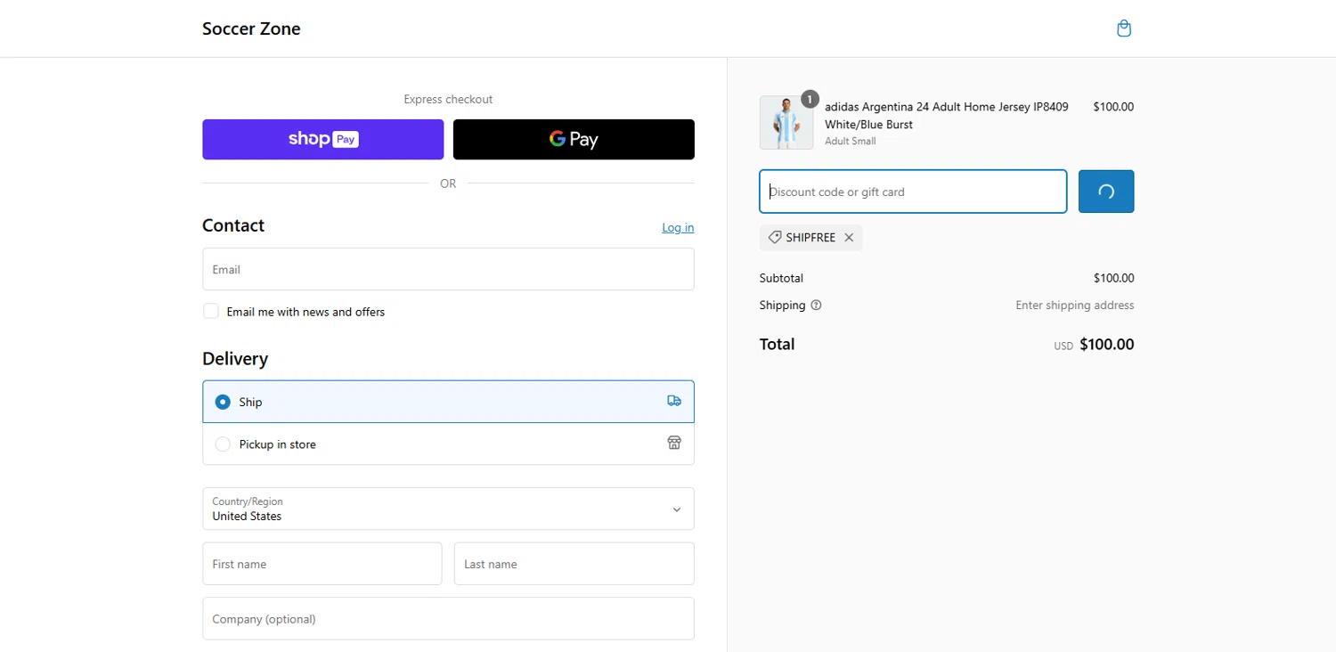Soccer Zone discount code screenshot showing code SHIPFREE applied at Soccer Zone checkout page. Uploaded by SimplyCodes community member dimitriv on Feb 26, 2025