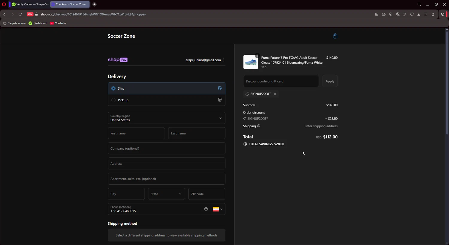Soccer Zone discount code screenshot showing code SIGNUP20OFF applied at Soccer Zone checkout page. Uploaded by SimplyCodes community member CoinMaestro864 on Aug 3, 2025
