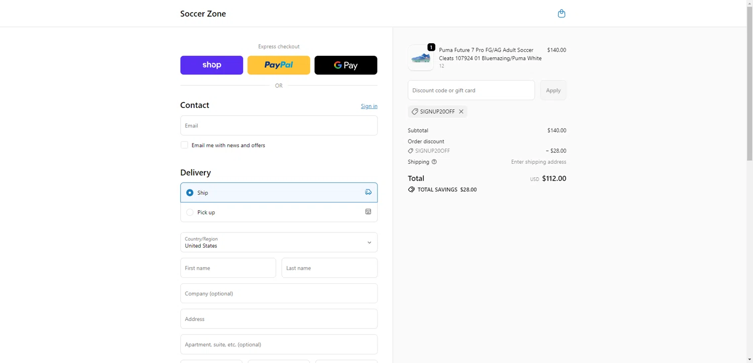 Soccer Zone discount code screenshot showing code SIGNUP20OFF applied at Soccer Zone checkout page. Uploaded by SimplyCodes community member DiscountWarden480 on Dec 10, 2025