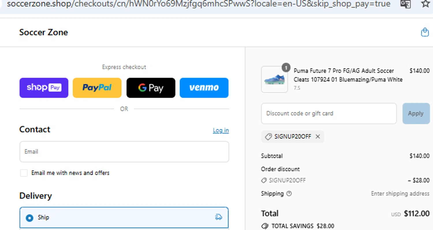 Soccer Zone discount code screenshot showing code SIGNUP20OFF applied at Soccer Zone checkout page. Uploaded by SimplyCodes community member PennyOwl2559 on Jul 21, 2025