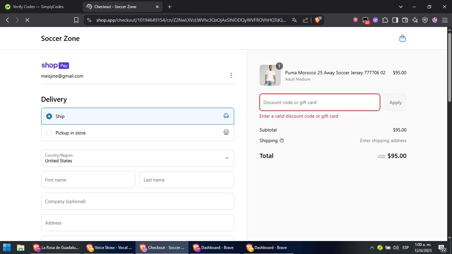 Soccer Zone discount code screenshot showing code MDW25 applied at Soccer Zone checkout page. Uploaded by SimplyCodes community member RebateCaptain6440 on Jun 12, 2025