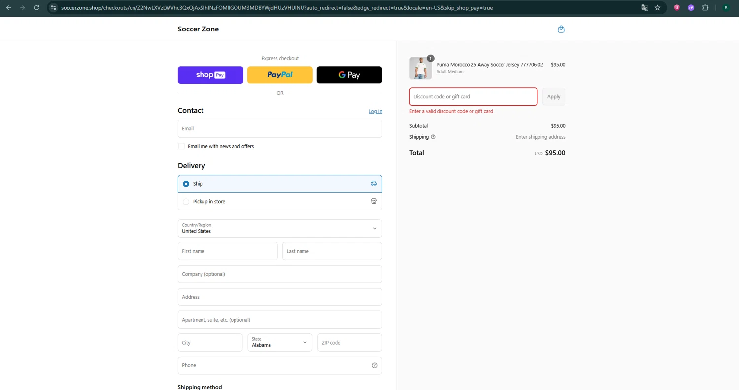 Soccer Zone discount code screenshot showing code MDW25 applied at Soccer Zone checkout page. Uploaded by SimplyCodes community member SavvyHawk5598 on Jun 12, 2025