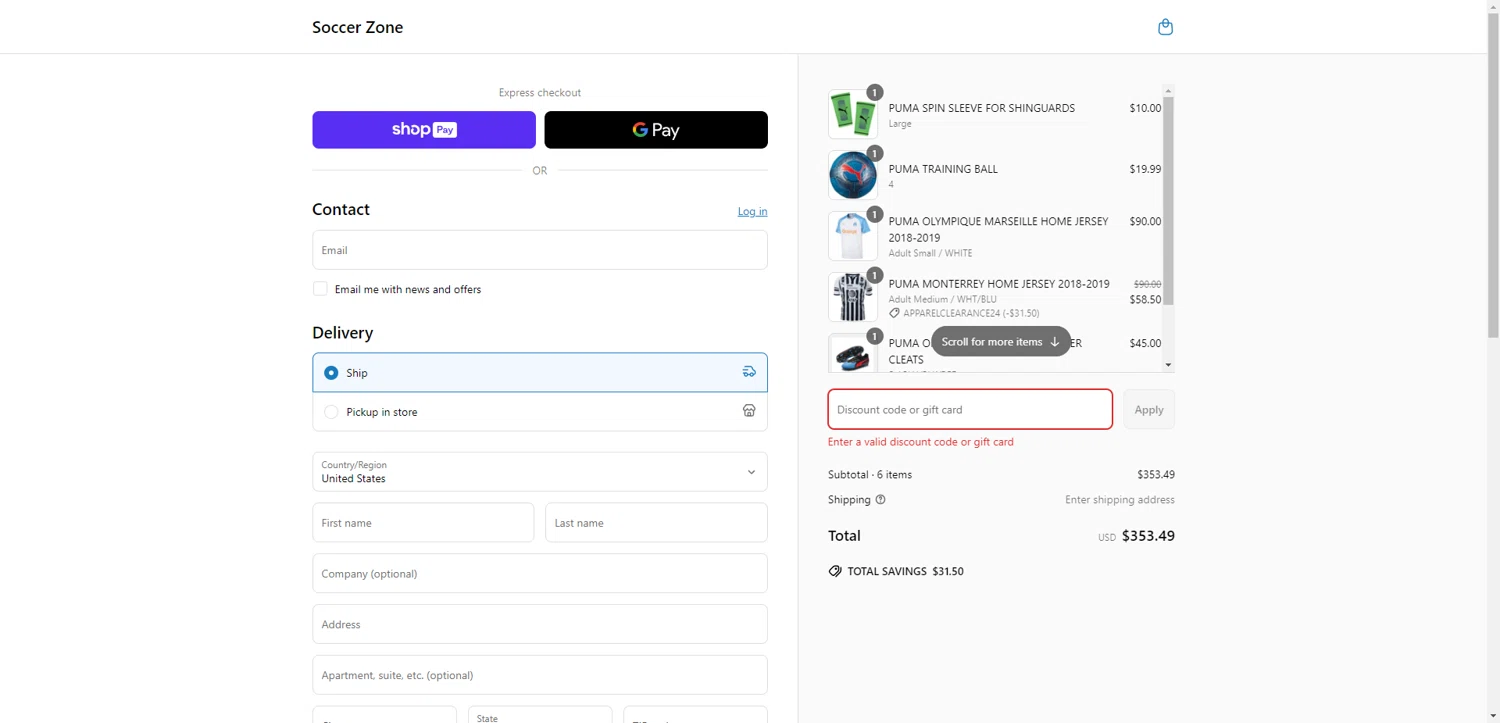 Soccer Zone discount code screenshot showing code MDW25 applied at Soccer Zone checkout page. Uploaded by SimplyCodes community member SilverChaser3269 on Jun 12, 2025