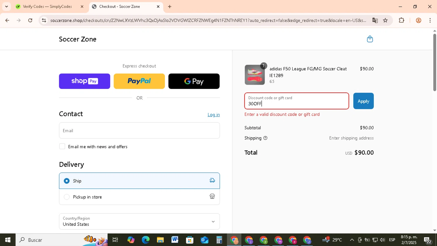 Soccer Zone discount code screenshot showing code 30OFF applied at Soccer Zone checkout page. Uploaded by SimplyCodes community member RebateCollector5909 on Jul 3, 2025