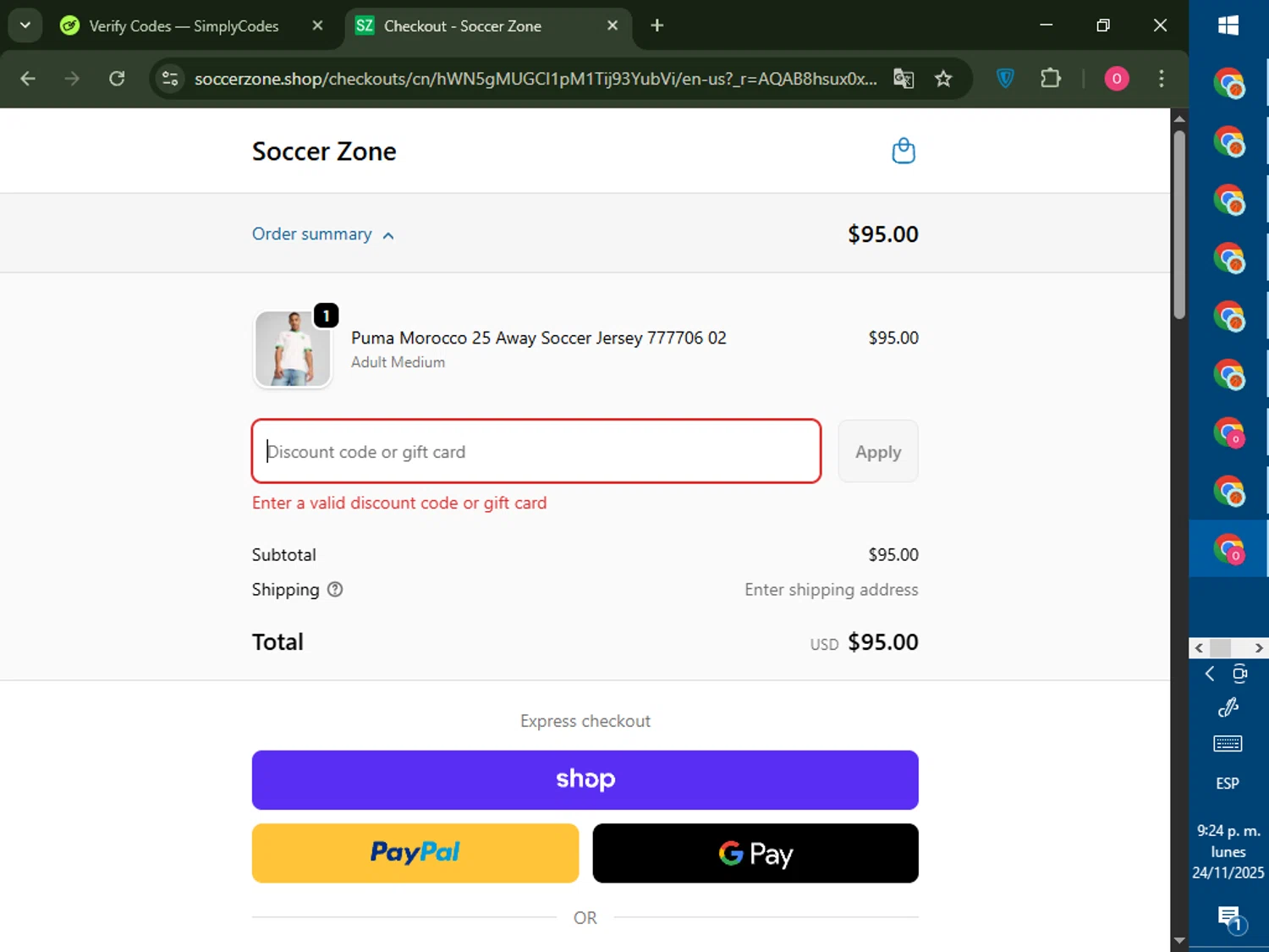 Soccer Zone discount code screenshot showing code 25OFF applied at Soccer Zone checkout page. Uploaded by SimplyCodes community member LegendaryRanger6350 on Nov 25, 2025