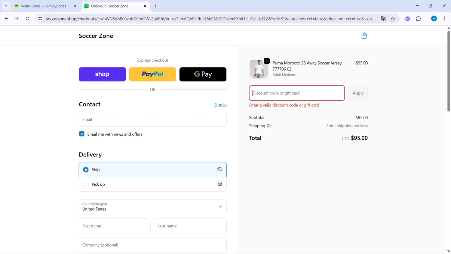 Soccer Zone discount code screenshot showing code 25OFF applied at Soccer Zone checkout page. Uploaded by SimplyCodes community member WiseHawk9255 on Nov 25, 2025