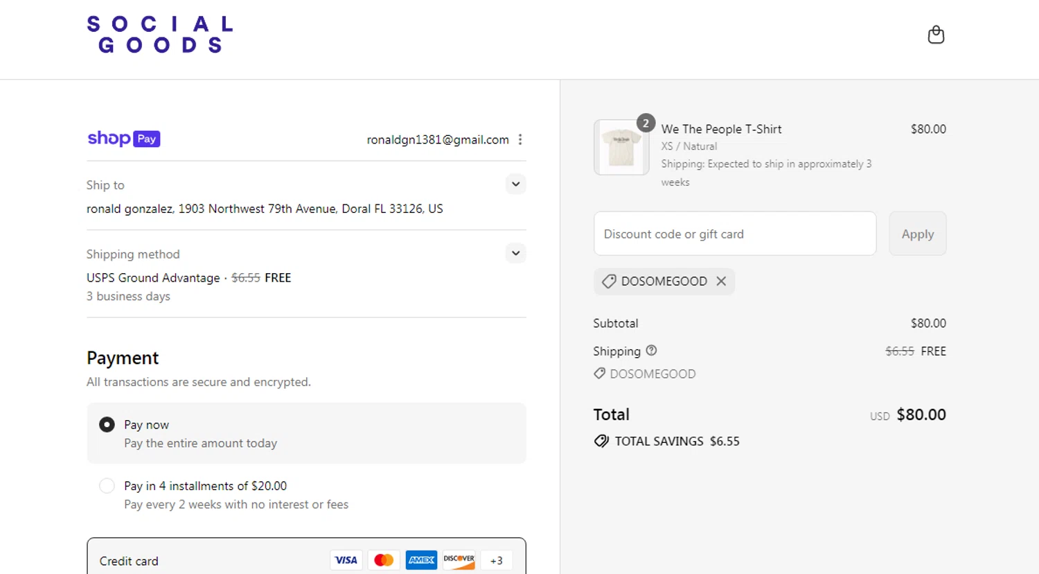 Social Goods discount code screenshot showing code DOSOMEGOOD applied at Social Goods checkout page. Uploaded by SimplyCodes community member SavvyHawk656 on Jul 29, 2025