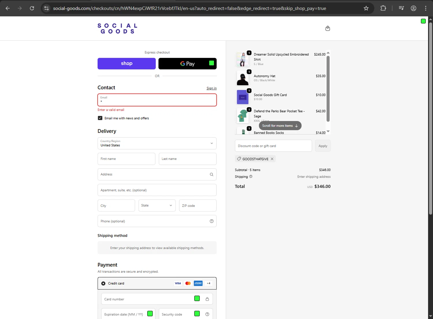 Social Goods discount code screenshot showing code GOODSTHATGIVE applied at Social Goods checkout page. Uploaded by SimplyCodes community member Aljondris97 on Oct 29, 2025