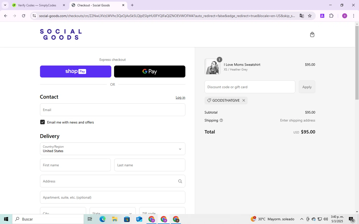 Social Goods discount code screenshot showing code GOODSTHATGIVE applied at Social Goods checkout page. Uploaded by SimplyCodes community member CodeMaverick246 on Mar 5, 2025