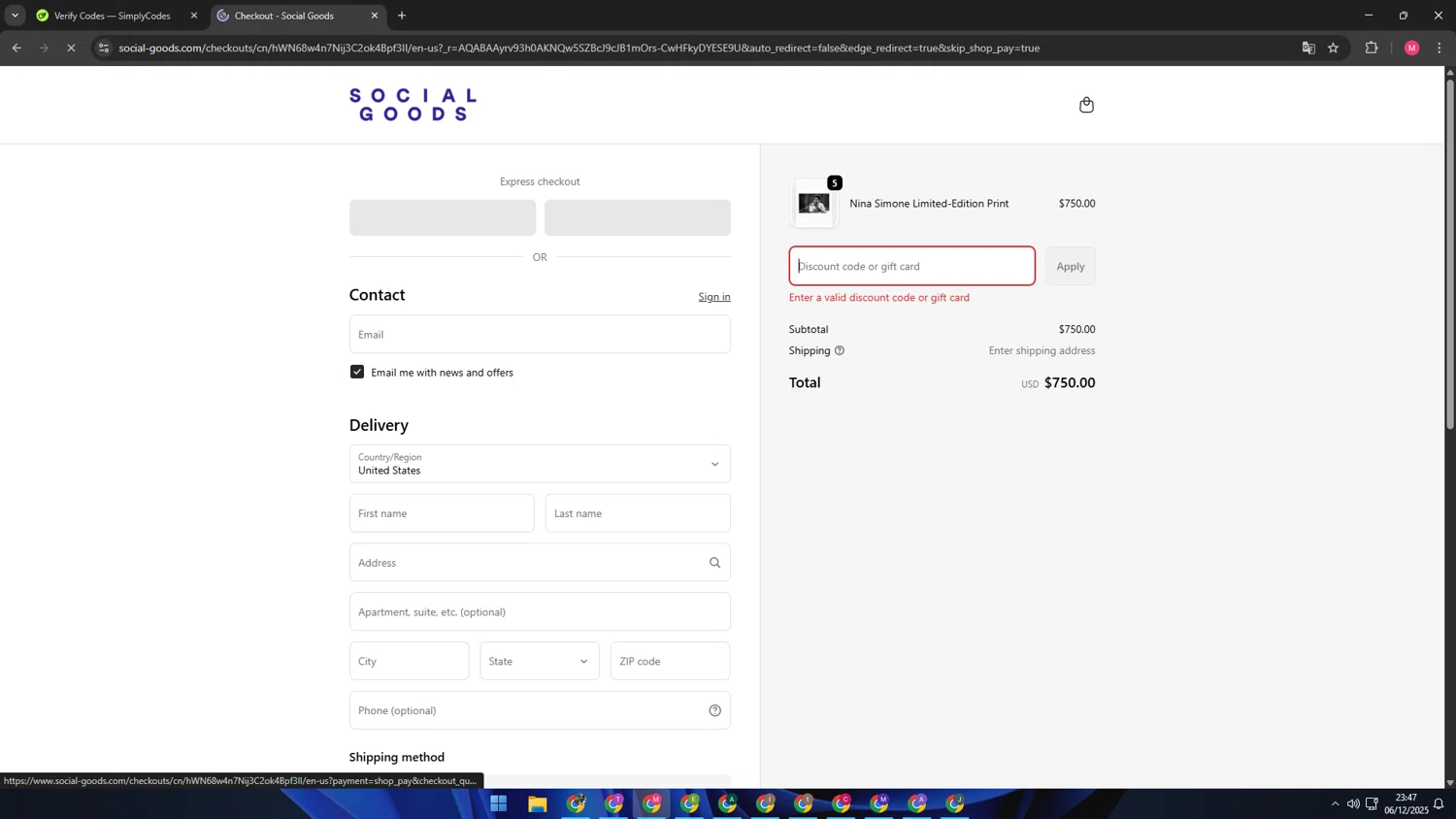 Social Goods discount code screenshot showing code holidays20 applied at Social Goods checkout page. Uploaded by SimplyCodes community member CBR600 on Dec 7, 2025