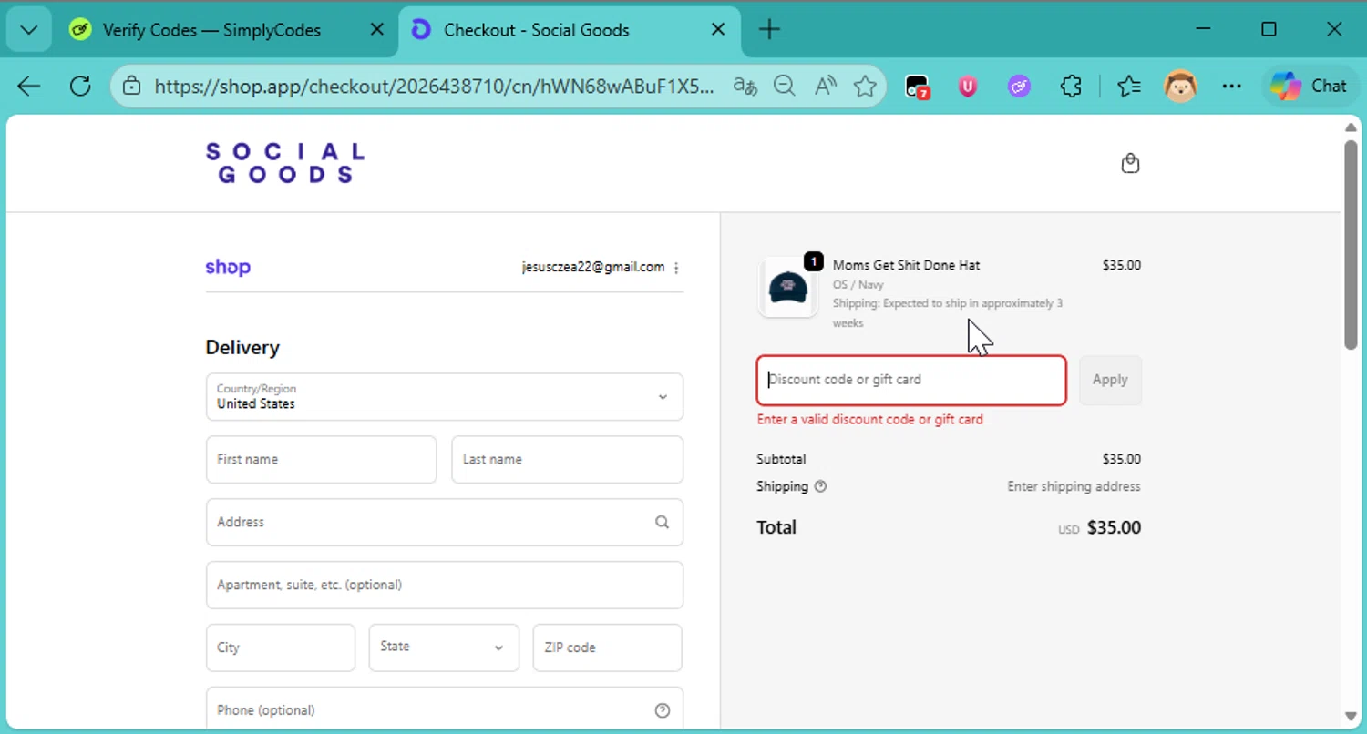 Social Goods discount code screenshot showing code holidays20 applied at Social Goods checkout page. Uploaded by SimplyCodes community member DonutPunks on Dec 7, 2025