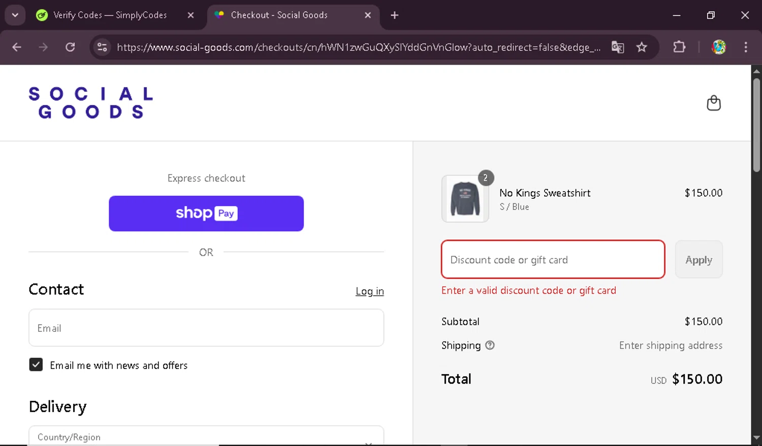 Social Goods discount code screenshot showing code TS12 applied at Social Goods checkout page. Uploaded by SimplyCodes community member DealPioneer9442 on Aug 20, 2025