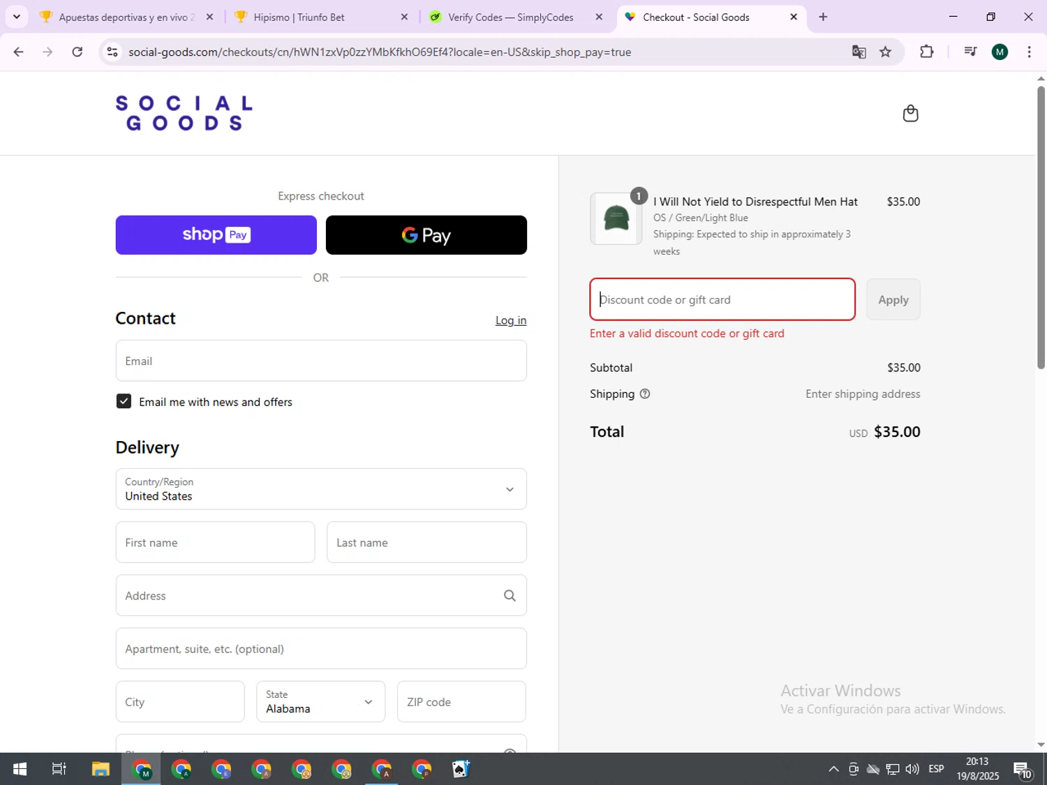 Social Goods discount code screenshot showing code TS12 applied at Social Goods checkout page. Uploaded by SimplyCodes community member SmartMaverick354 on Aug 20, 2025