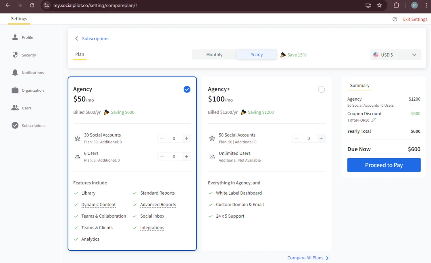 SocialPilot checkout page showing SocialPilot coupon code box | Screenshot taken by SimplyCodes community member on Oct 12, 2024