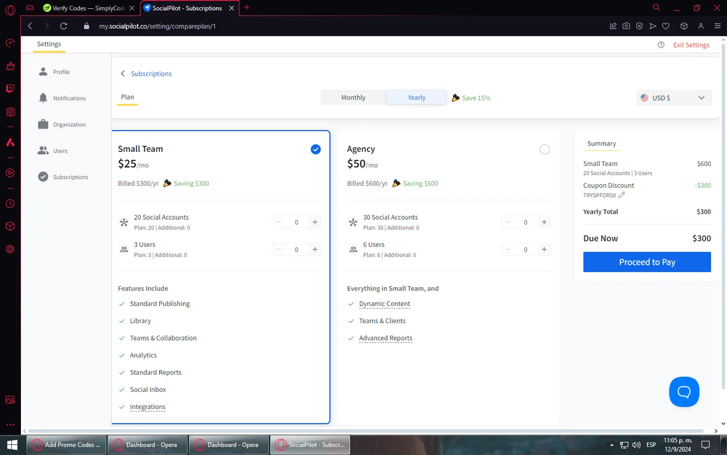 SocialPilot checkout page showing SocialPilot coupon code box | Screenshot taken by SimplyCodes community member on Sep 13, 2024