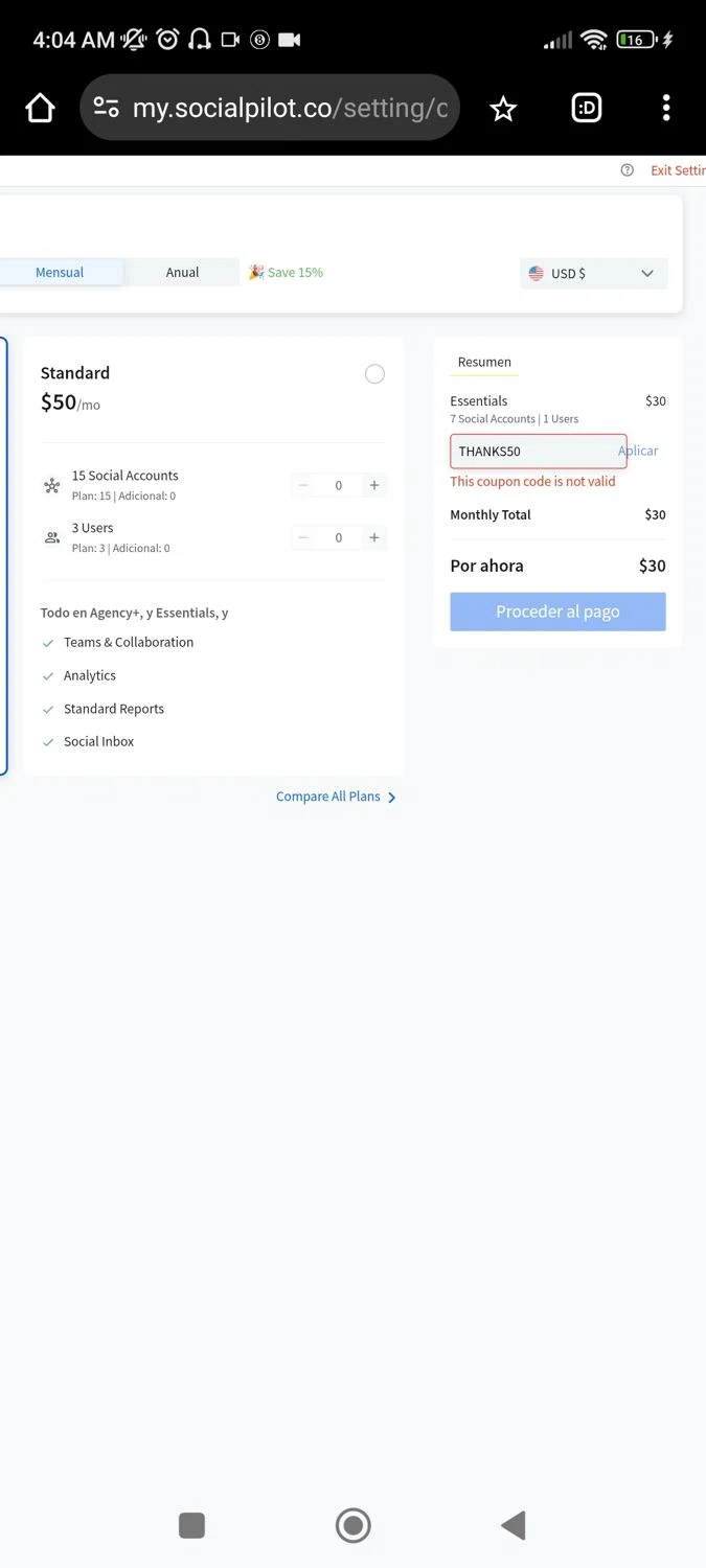 SocialPilot coupon code screenshot showing code THANKS50 applied at SocialPilot checkout page. Uploaded by SimplyCodes community member Josemedina on Feb 22, 2025