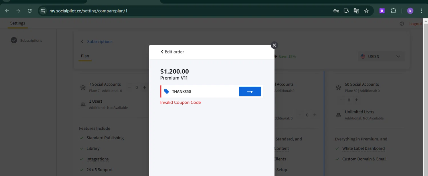 SocialPilot coupon code screenshot showing code THANKS50 applied at SocialPilot checkout page. Uploaded by SimplyCodes community member SwiftLynx6587 on Feb 22, 2025