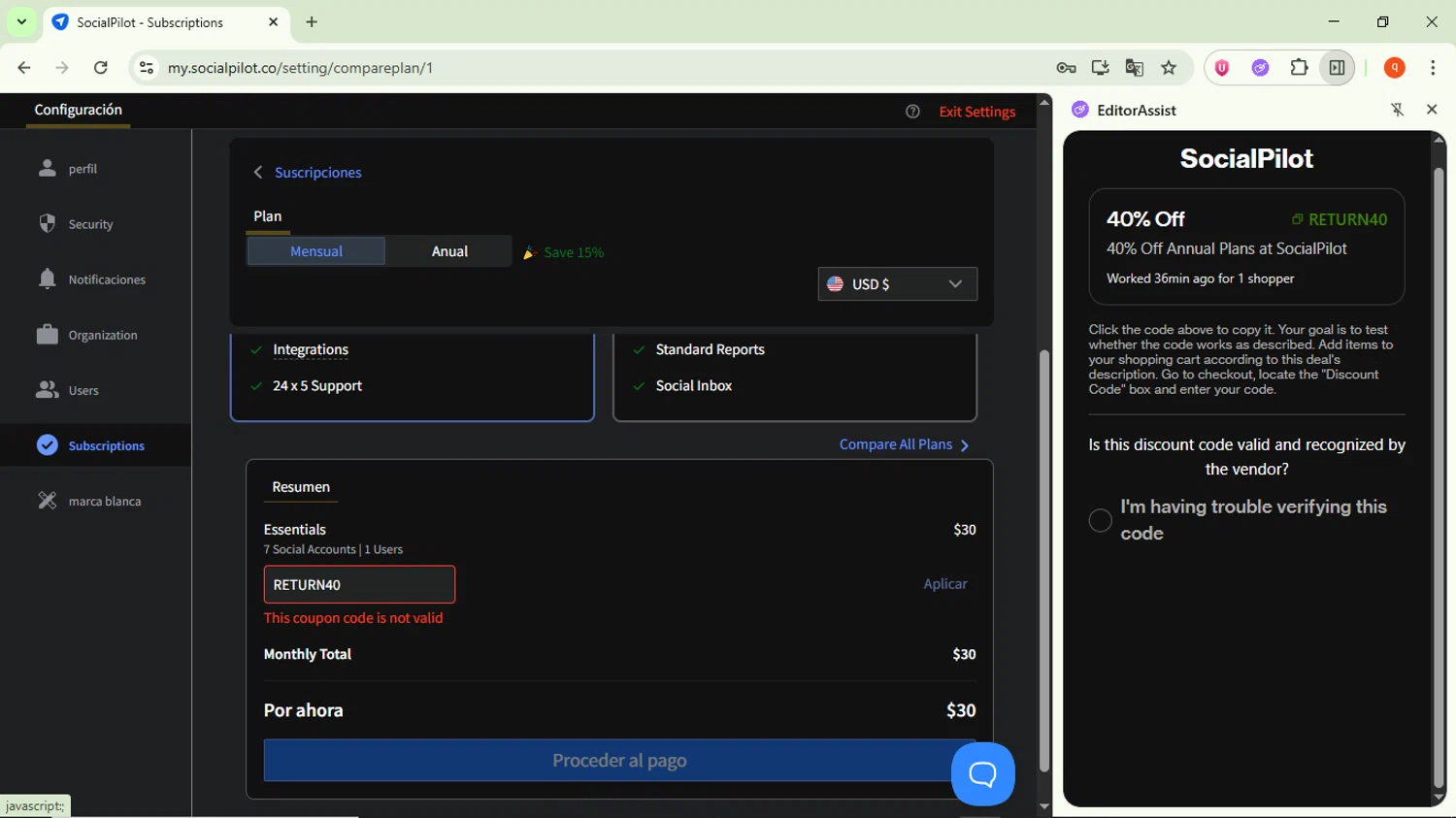 SocialPilot coupon code screenshot showing code RETURN40 applied at SocialPilot checkout page. Uploaded by SimplyCodes community member KeiJJ18 on Jul 8, 2025