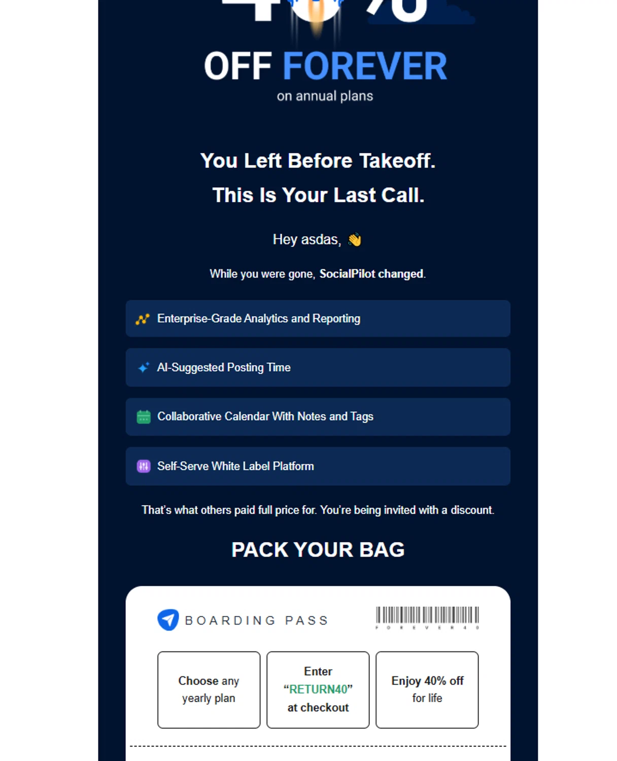 SocialPilot coupon code screenshot showing code RETURN40 applied at SocialPilot checkout page. Uploaded by SimplyCodes community member Westcoll on Jul 8, 2025