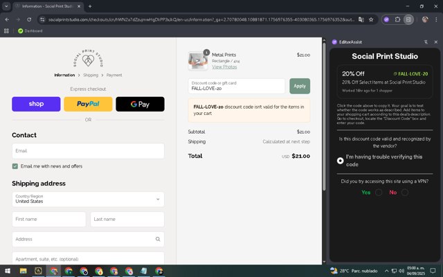 Social Print Studio checkout page showing Social Print Studio promo code box | Screenshot taken by SimplyCodes community member on Sep 4, 2025