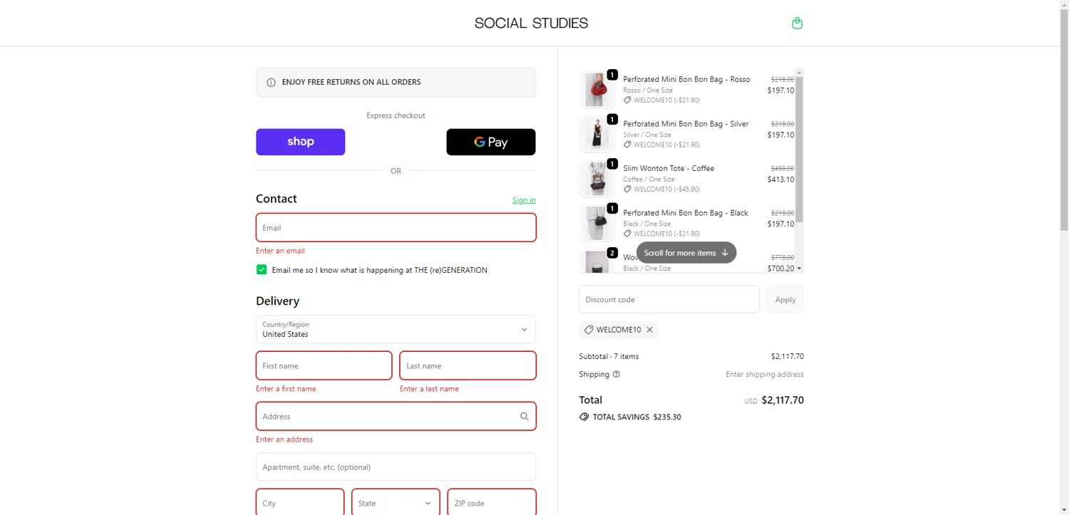 Social Studies Shop promo code screenshot showing code WELCOME10 applied at Social Studies Shop checkout page. Uploaded by SimplyCodes community member CleverHawk1744 on Sep 30, 2025