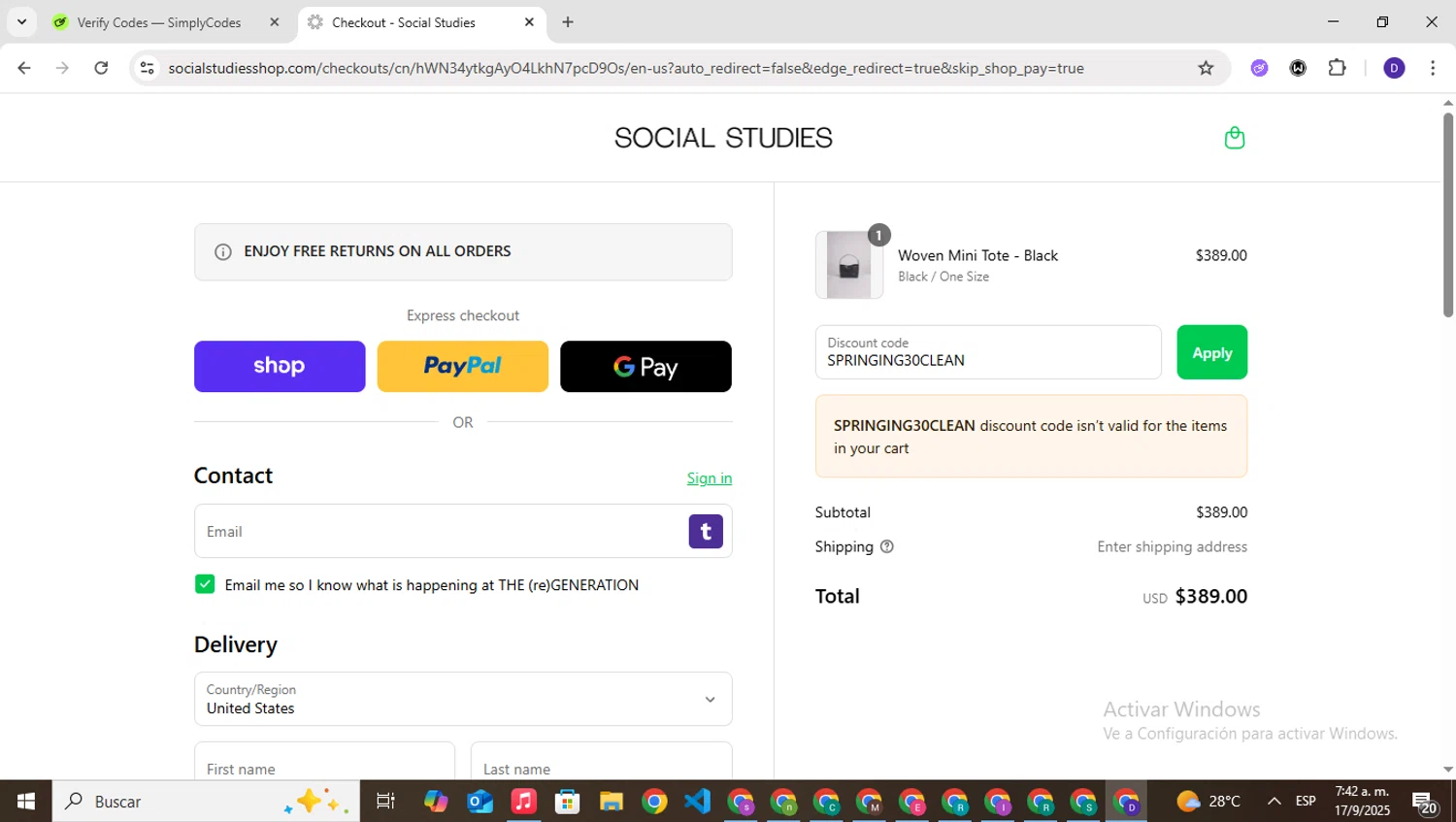 Social Studies Shop promo code screenshot showing code SPRINGING30CLEAN applied at Social Studies Shop checkout page. Uploaded by SimplyCodes community member PrimeNavigator3251 on Sep 17, 2025