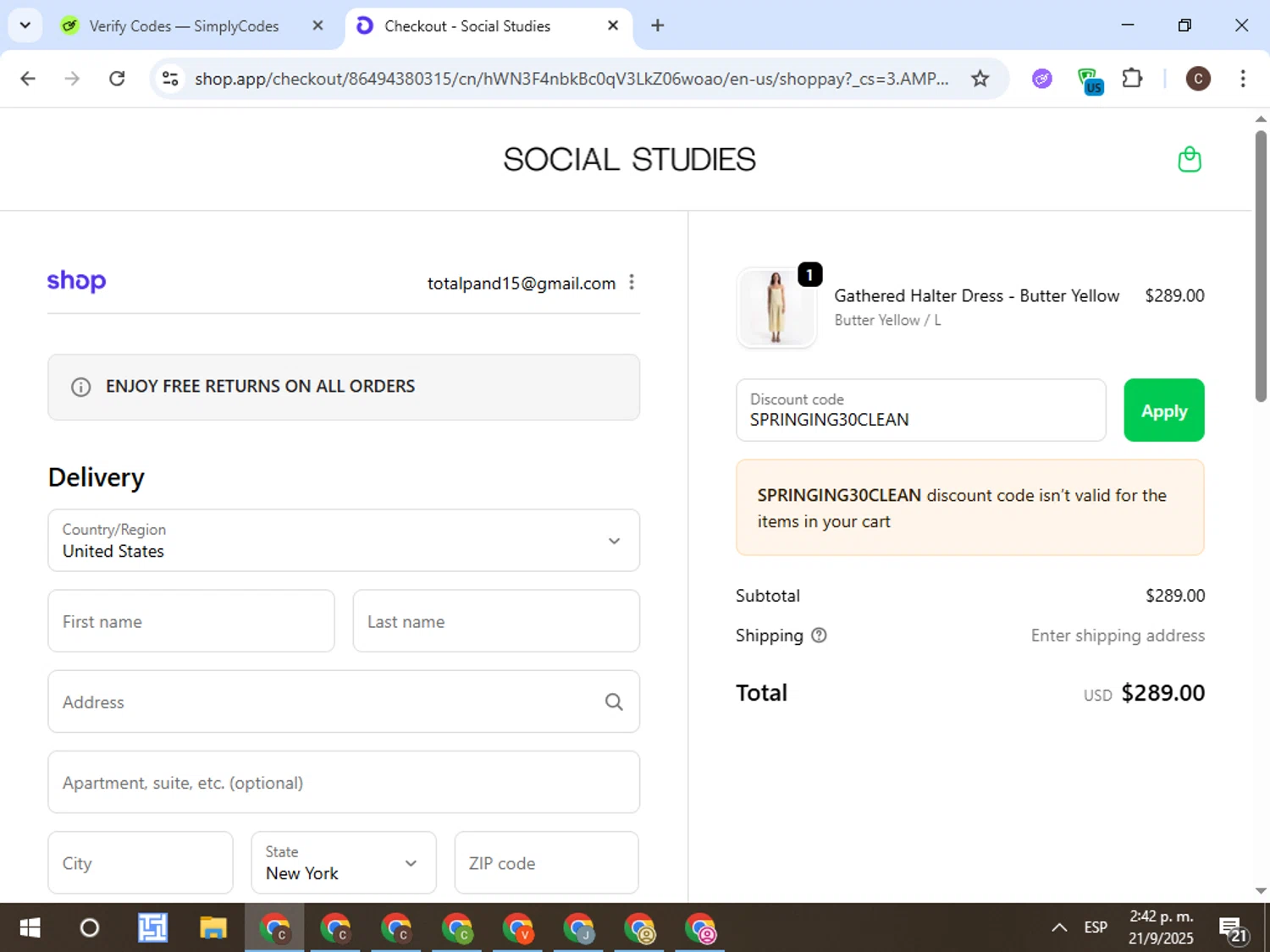 Social Studies Shop promo code screenshot showing code SPRINGING30CLEAN applied at Social Studies Shop checkout page. Uploaded by SimplyCodes community member TreasureFox8596 on Sep 21, 2025
