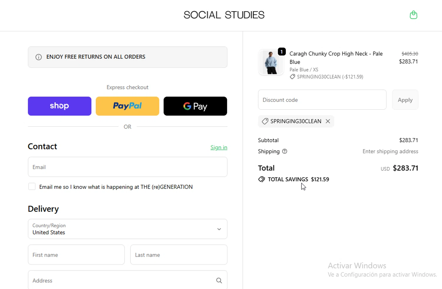 Social Studies Shop promo code screenshot showing code SPRINGING30CLEAN applied at Social Studies Shop checkout page. Uploaded by SimplyCodes community member danyx_gx on Dec 18, 2025