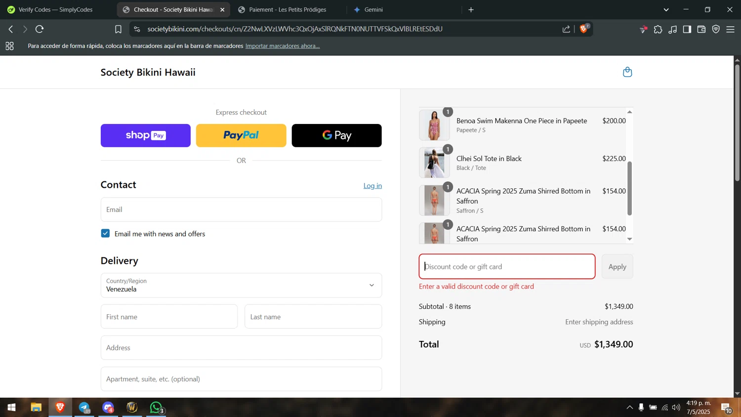 Society Bikini promo code screenshot showing code ALOHA25 applied at Society Bikini checkout page. Uploaded by SimplyCodes community member leonj9624 on May 7, 2025