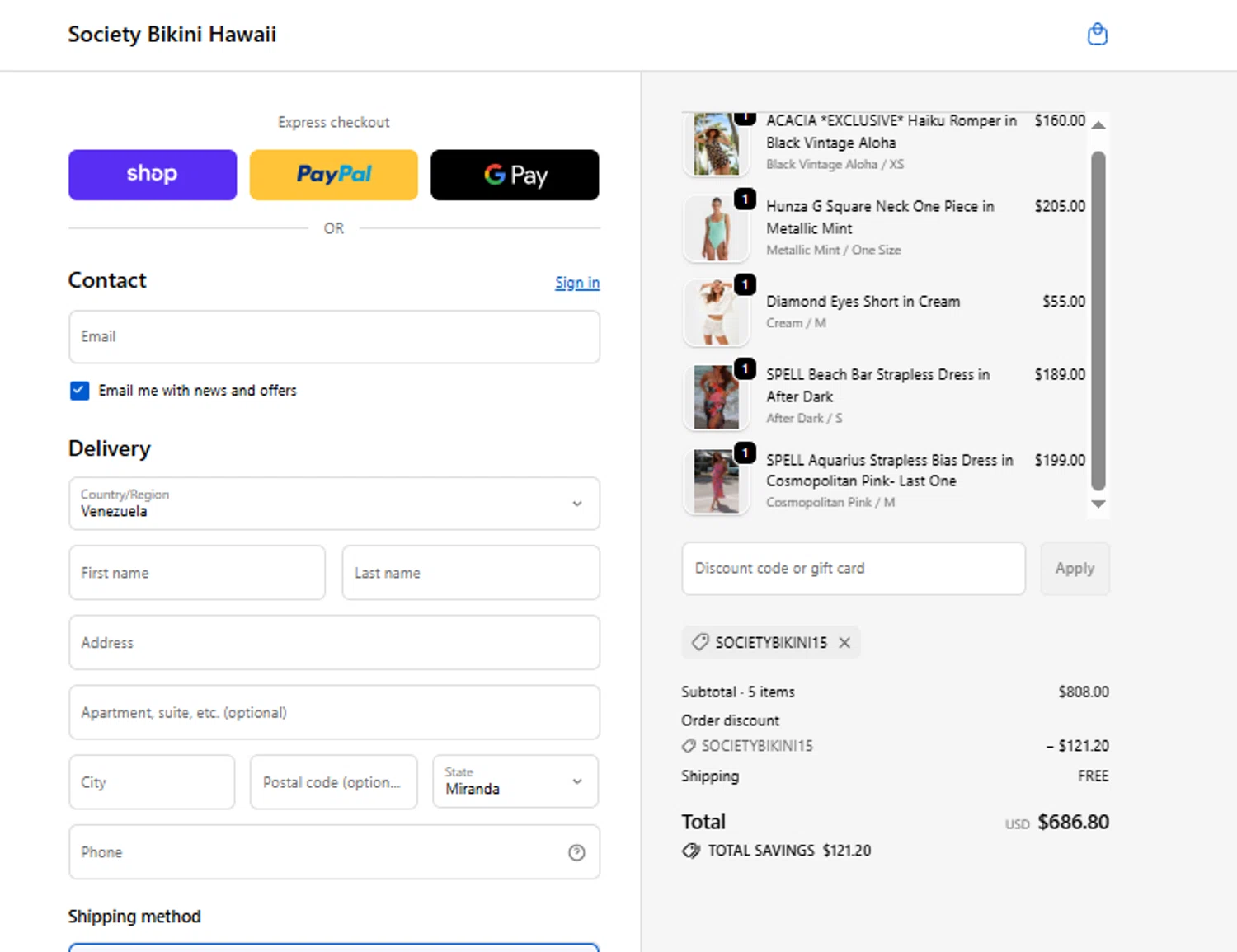 Society Bikini promo code screenshot showing code SOCIETYBIKINI15 applied at Society Bikini checkout page. Uploaded by SimplyCodes community member danielgonzalez5 on Feb 13, 2026