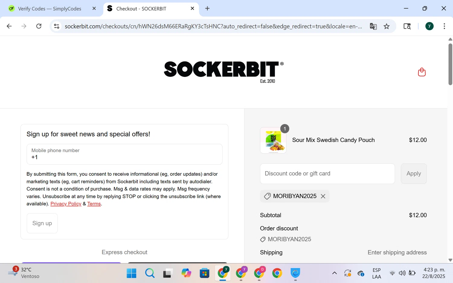 Sockerbit discount code screenshot showing code MORIBYAN2025 applied at Sockerbit checkout page. Uploaded by SimplyCodes community member chespi on Aug 22, 2025